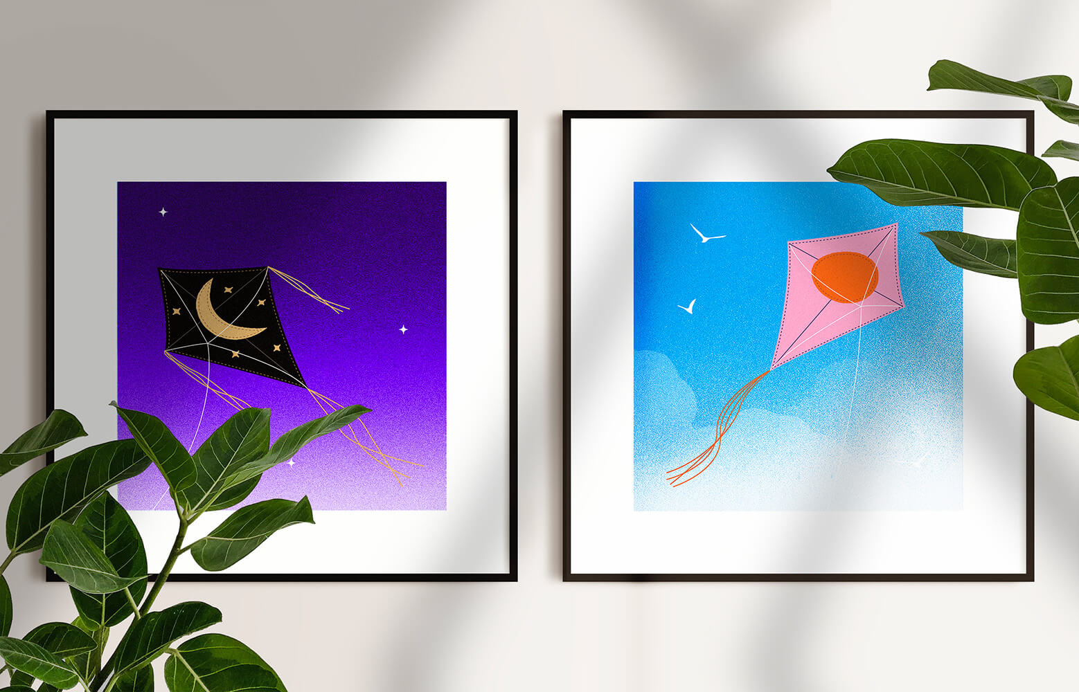 Kites, day and night, illustration, mockup, poster, print, frames