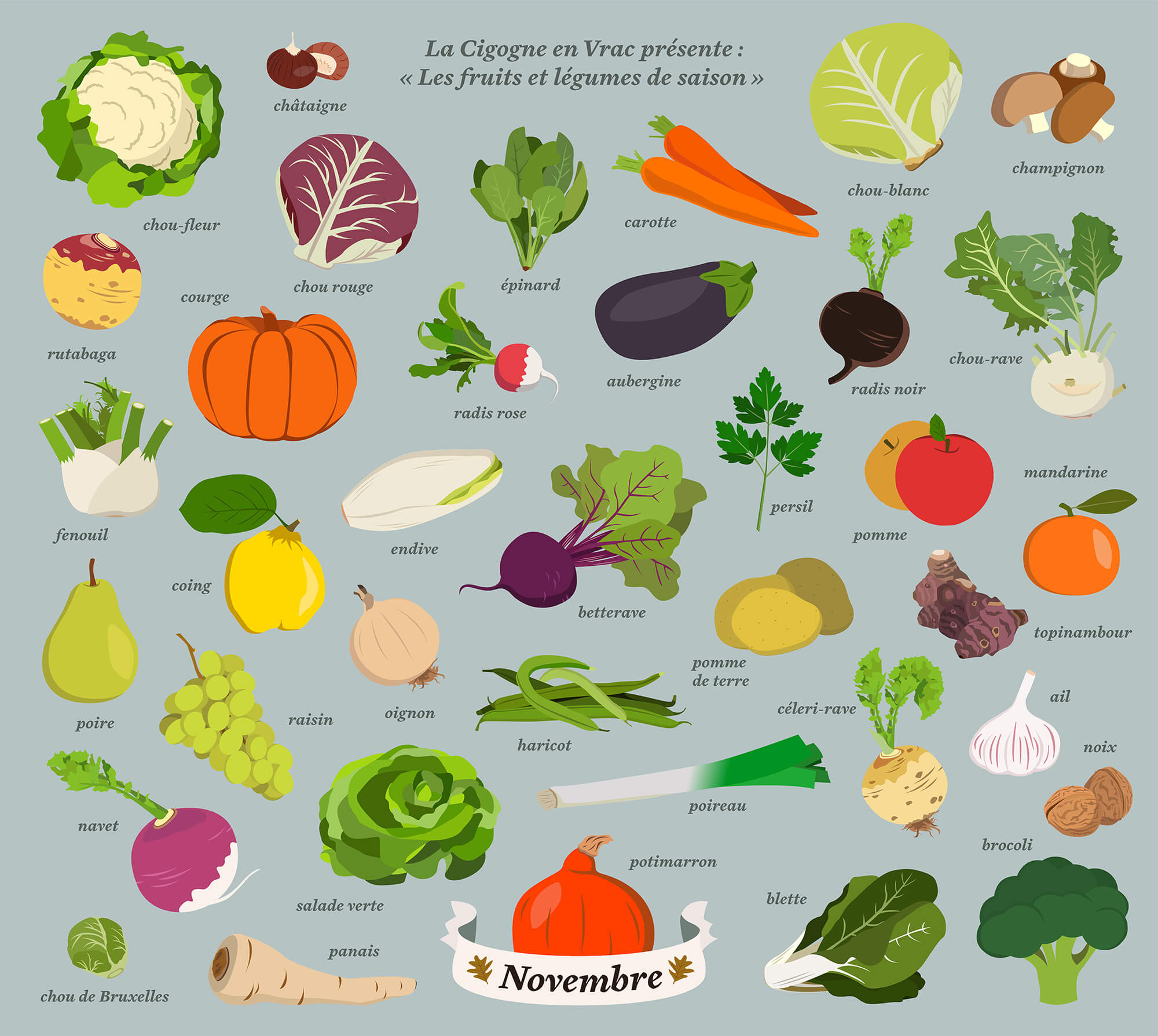 fruits et légumes de saison, illustrations, novembre, calendrier