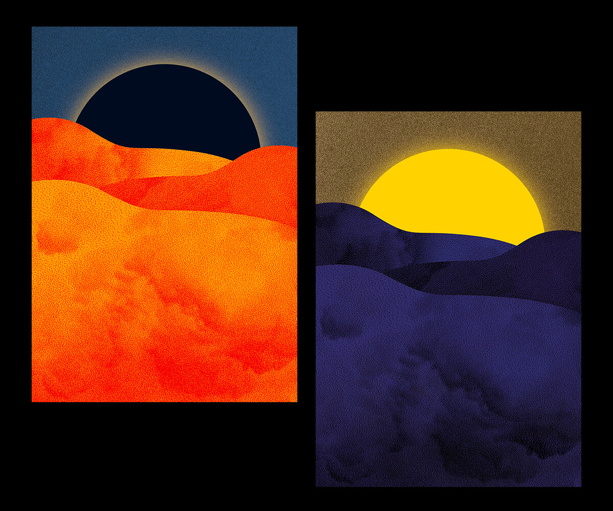 illustration, desert, day and night, éclipse