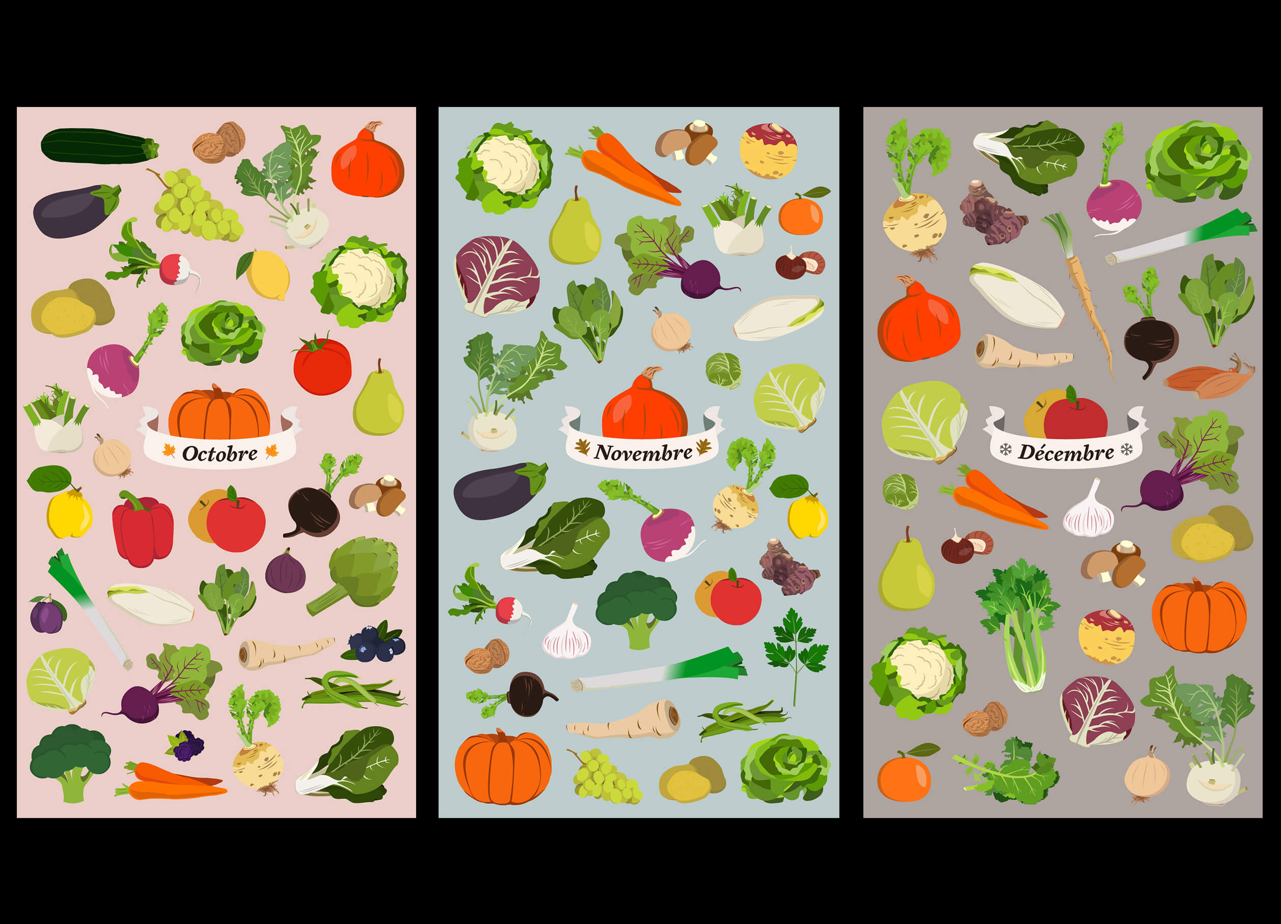 fruits et légumes de saison, illustrations, calendrier