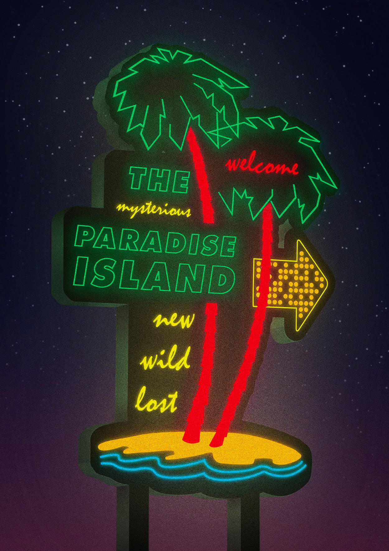 Illustration, Paradise Island, neon, light, night