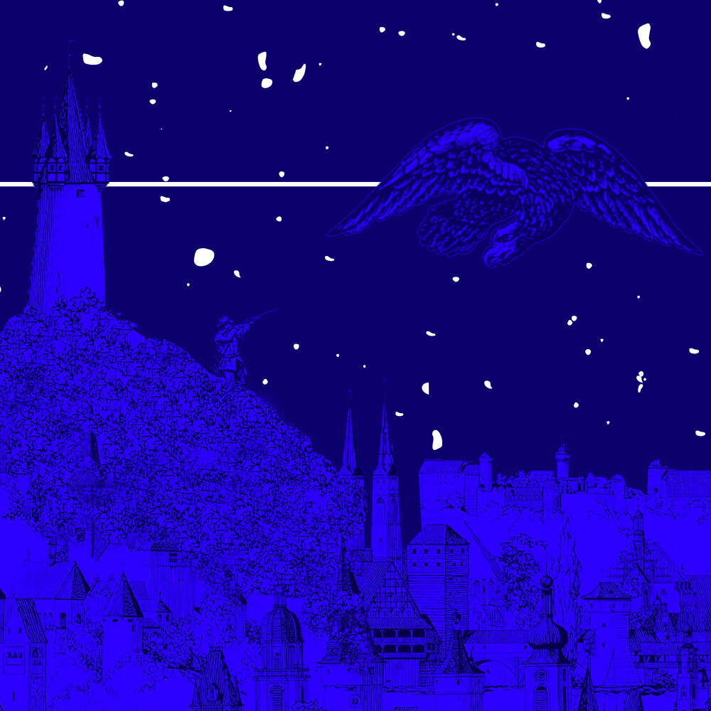 le roi et l'oiseau, poster, ubu typeface, city, night, blue, mountain, king, bird, illustration
