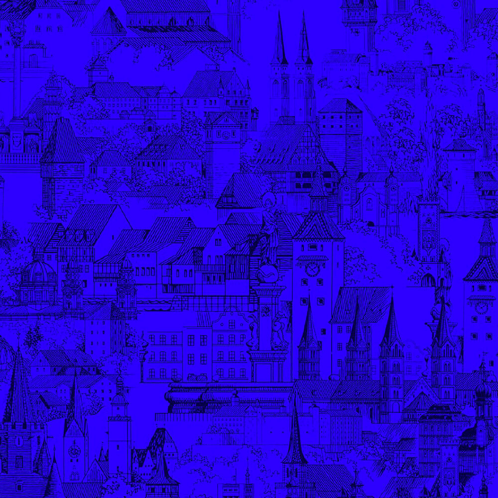 le roi et l'oiseau, poster, ubu typeface, city, night, buildings, blue, mountain, detail