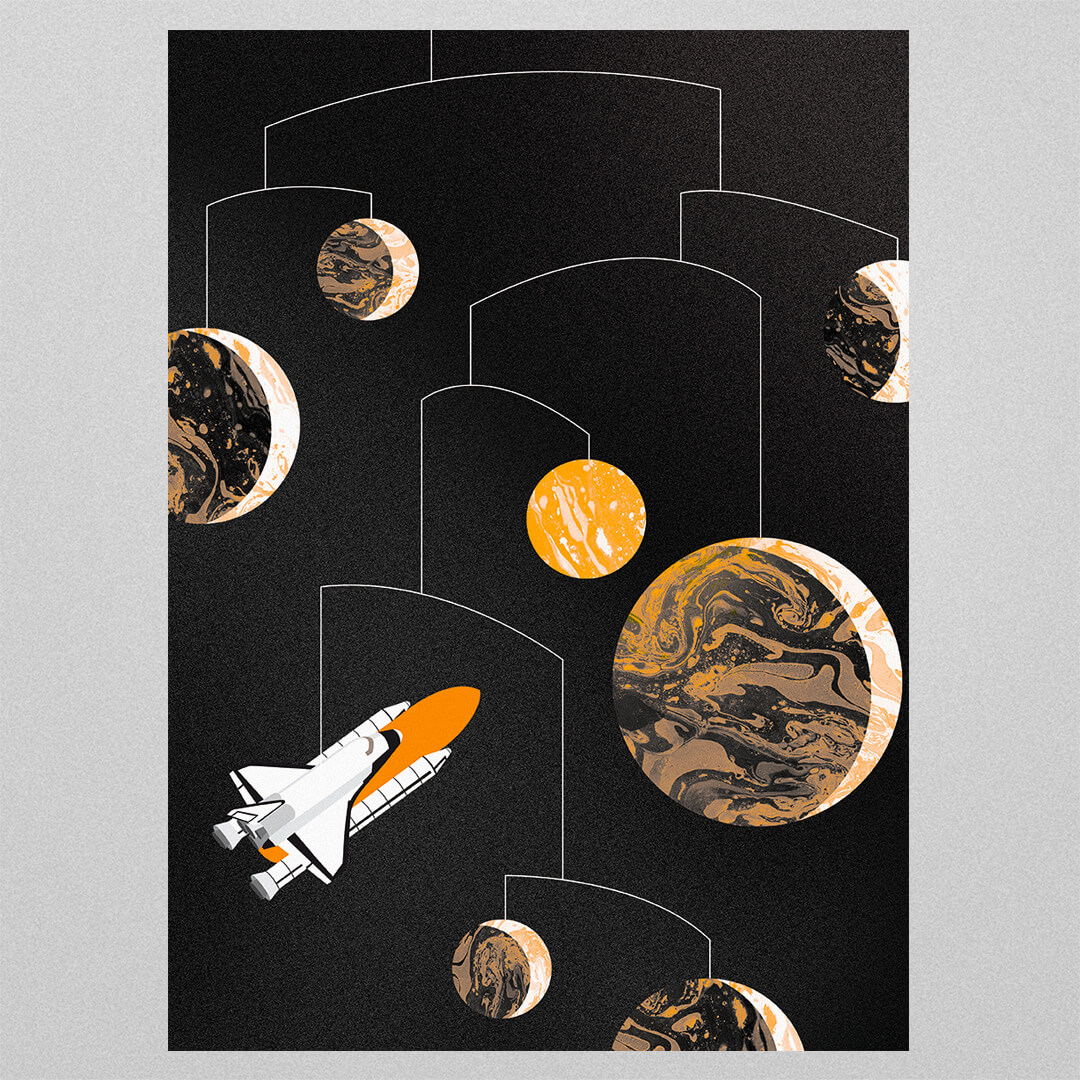 Space Odyssey, illustration, planet, rocket, poster